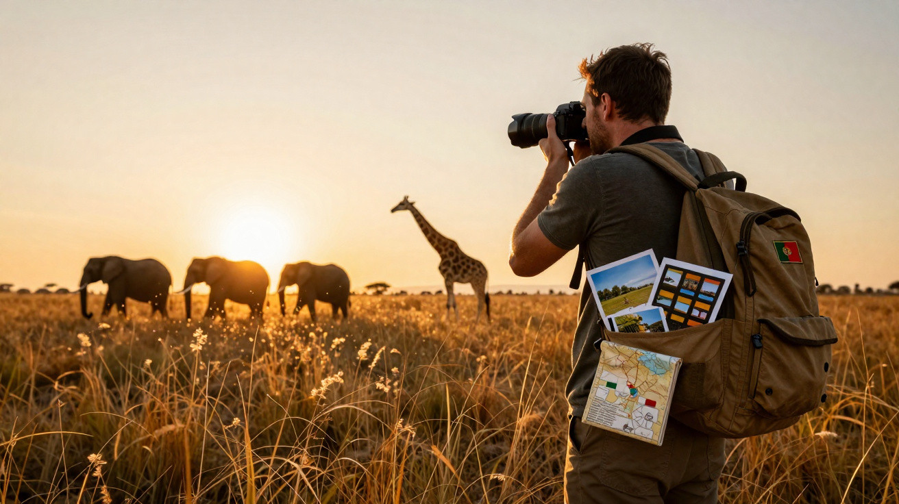 Homem com mochila a fotografar elefantes e girafa numa savana ao pôr do sol.