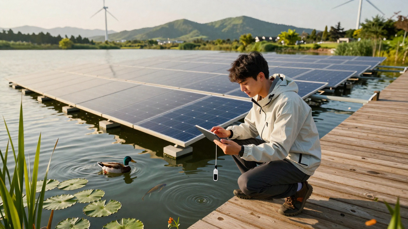 Homem com casaco claro junto a painéis solares flutuantes numa lagoa com patos a utilizar tablet.