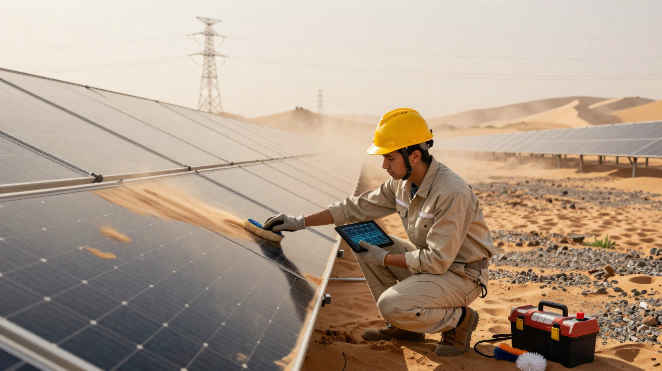 Técnico com capacete amarelo limpa painel solar no deserto com auxílio de tablet e escova.