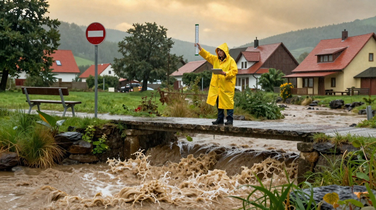 Pessoa com impermeável amarelo mede níveis de água a transbordar sob ponte em área rural inundada.
