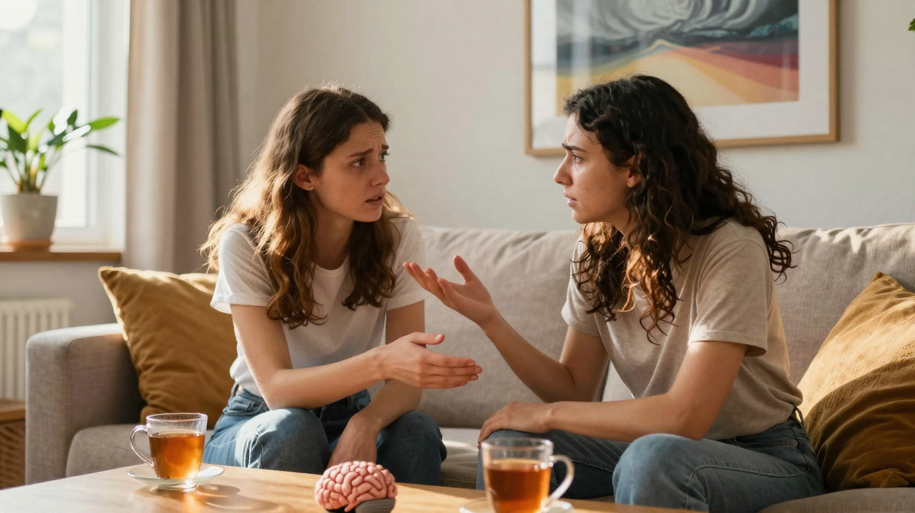 Duas mulheres sentadas no sofá a conversar seriamente numa sala iluminada com chá na mesa à frente.