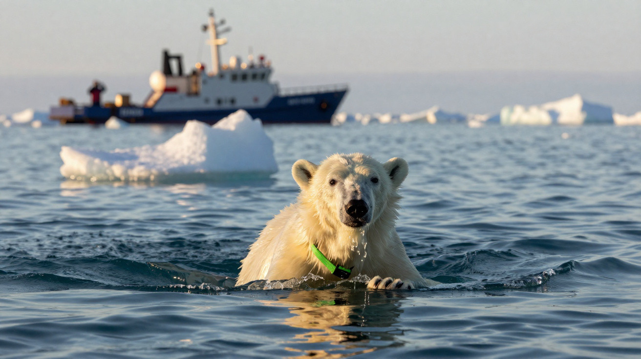 Urso polar a nadar no mar gelado próximo a um iceberg e barco de investigação ao fundo.