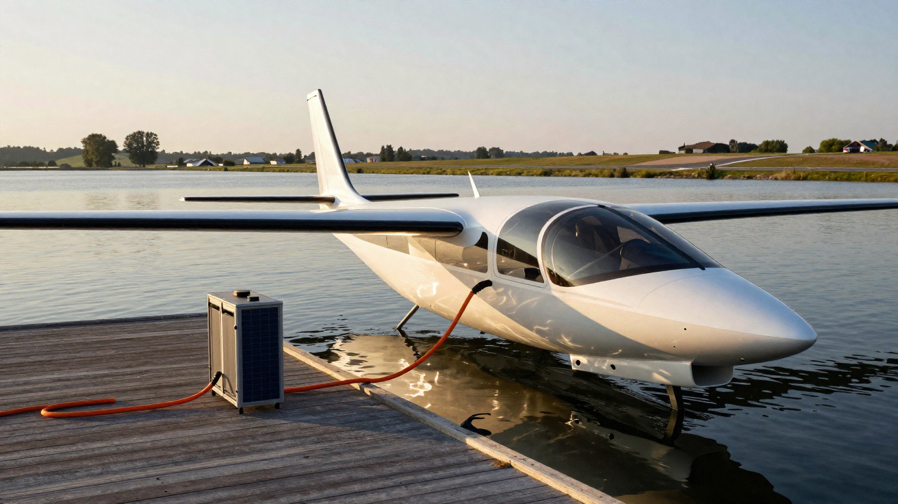 Avião elétrico branco a carregar energia num cais junto a um lago ao pôr do sol.