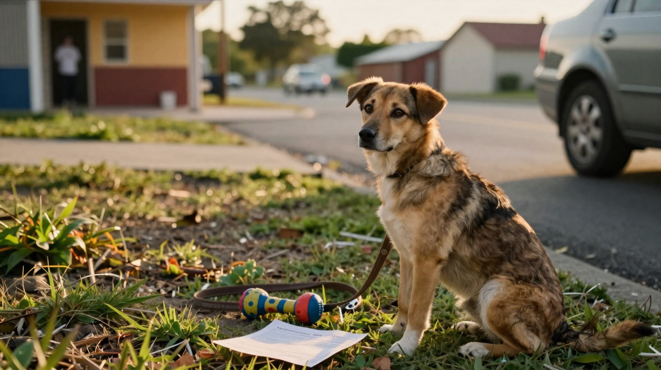 Cão sentado na relva junto a um brinquedo colorido e uma folha de papel, com carro ao fundo.