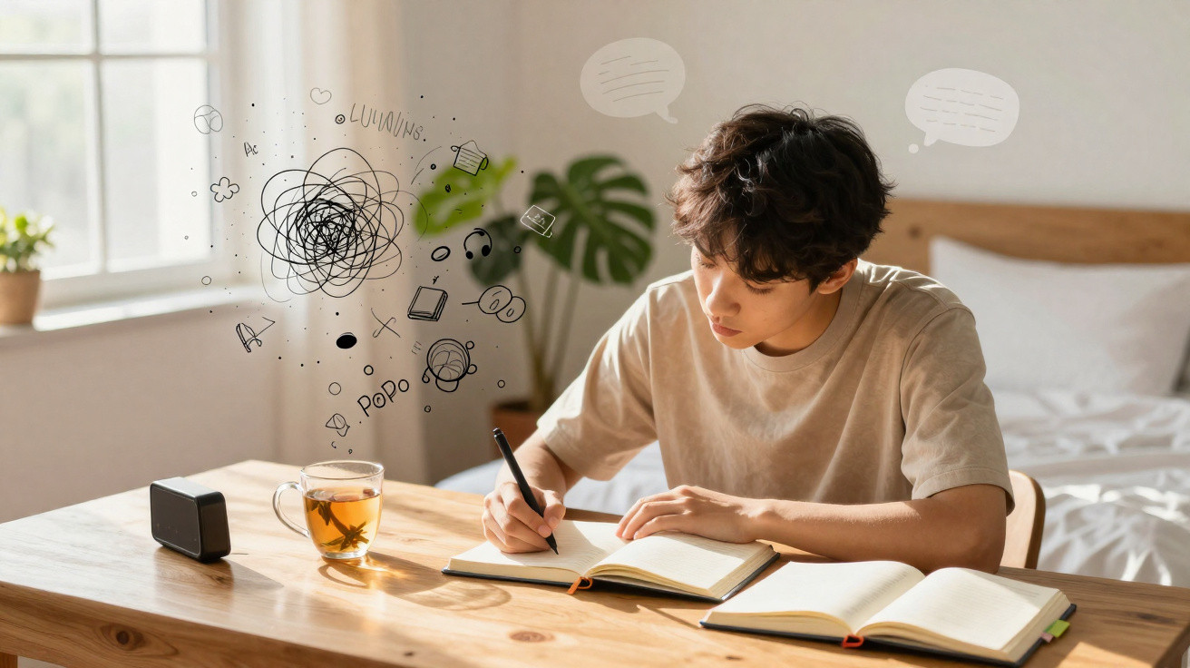 Jovem a estudar numa mesa com gizmos digitais e desenhos de pensamentos sobre pensamento confuso.