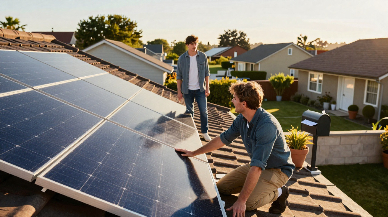 Dois homens a instalar painéis solares num telhado residencial numa área suburbana ao entardecer.