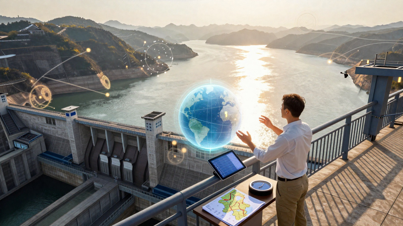 Homem observa holograma de globo terrestre com barragem e rio ao fundo ao pôr do sol.