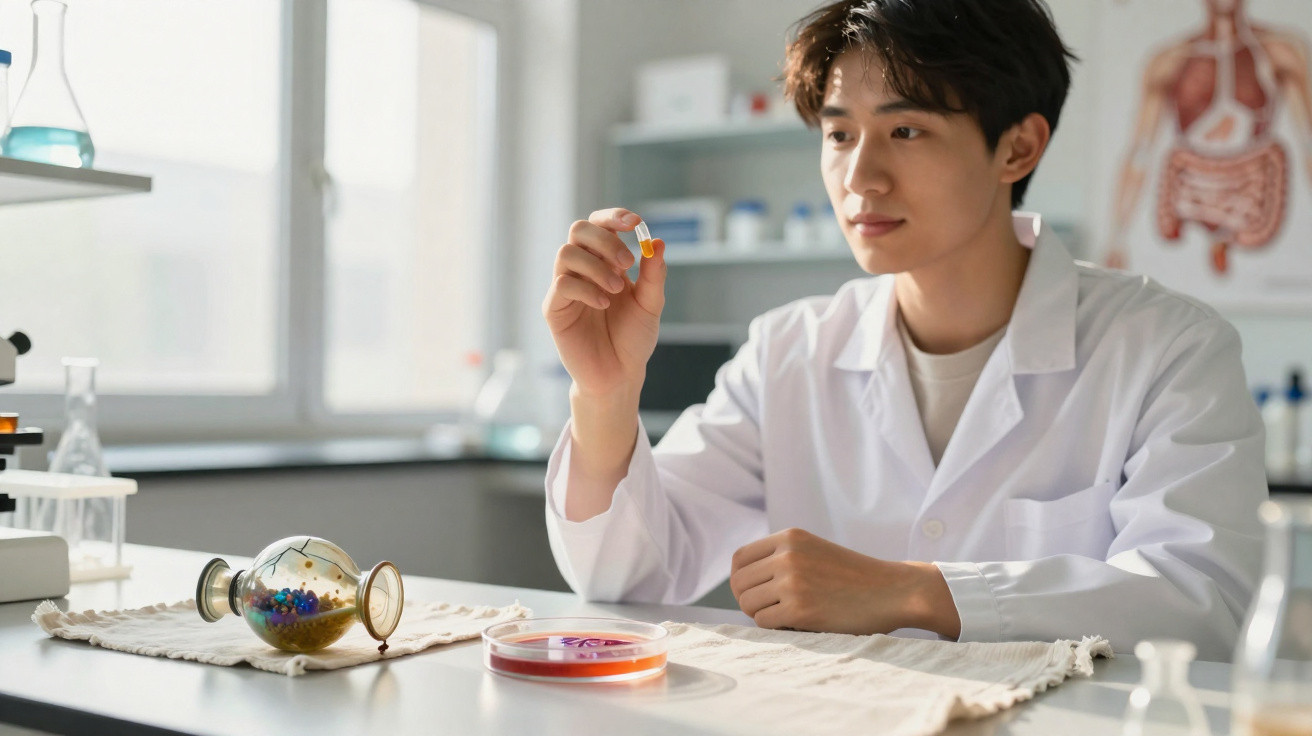 Homem com bata branca examina cápsula alaranjada num laboratório científico bem iluminado.