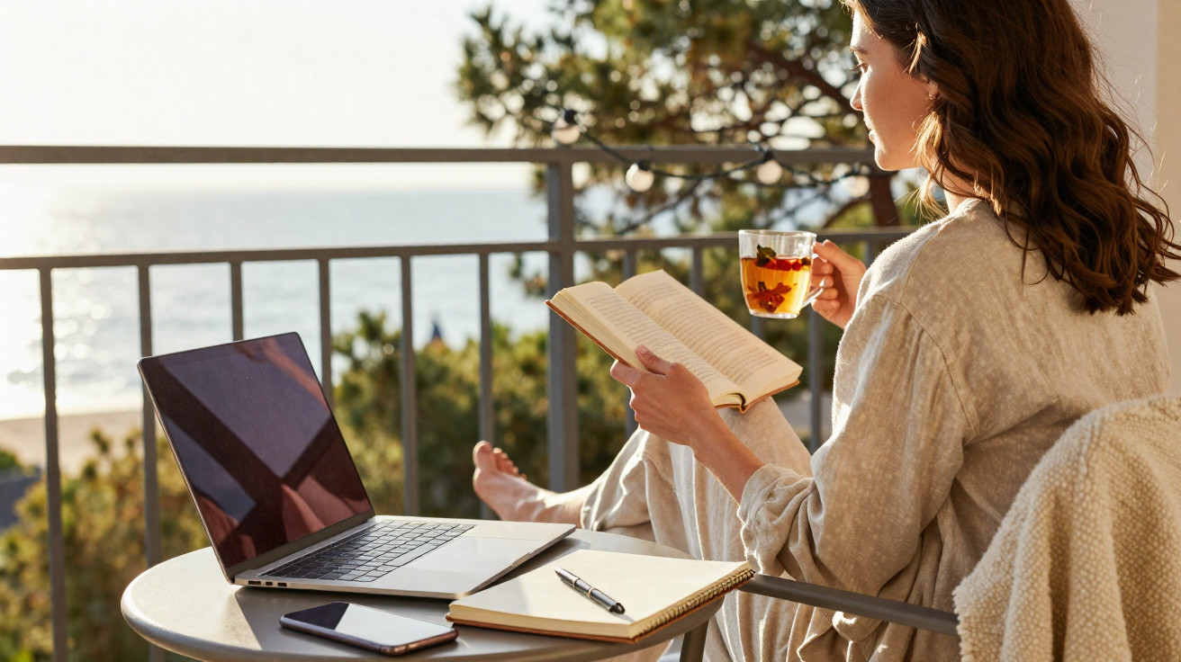 Mulher sentada num terraço com vista para o mar, lendo um livro e segurando uma chávena de chá.
