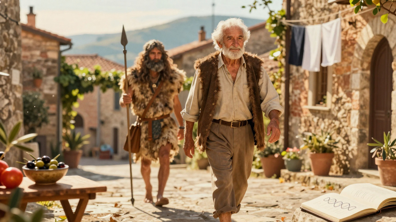 Homem moderno e homem pré-histórico com lança caminham em aldeia antiga com casas de pedra.