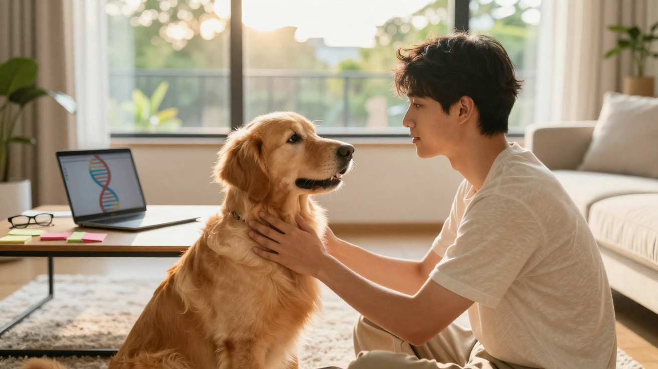 Homem sentado no chão acariciando um cão golden retriever na sala iluminada pelo sol.