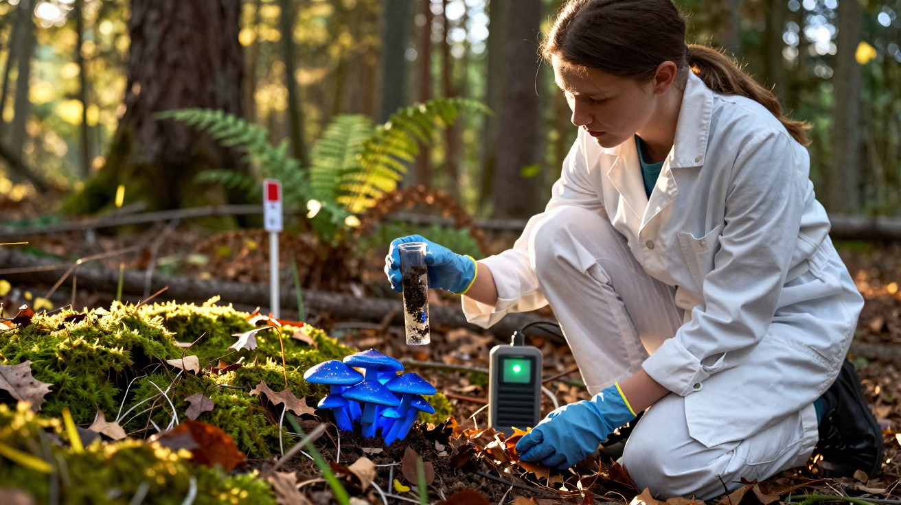 Cientista com bata branca analisa amostra perto de cogumelos azuis numa floresta.