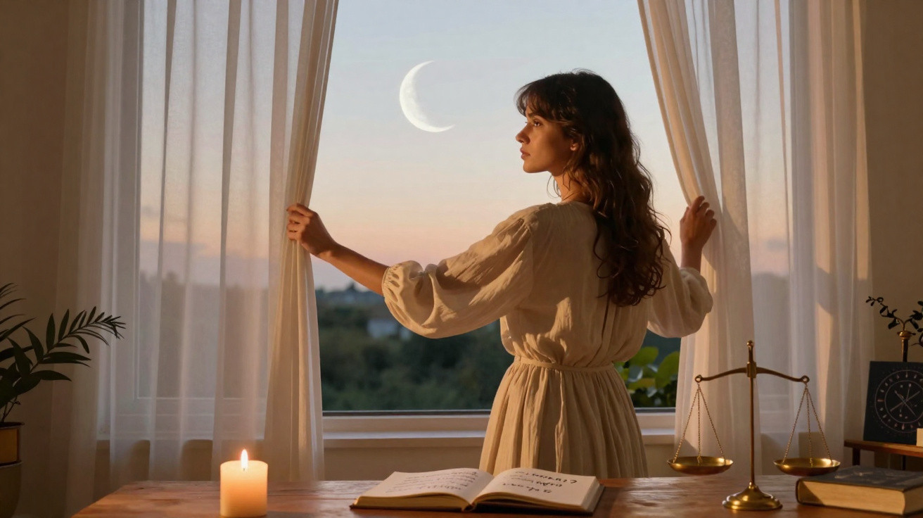 Mulher de vestido claro abre cortinas ao entardecer, com vela acesa e balança dourada sobre mesa.