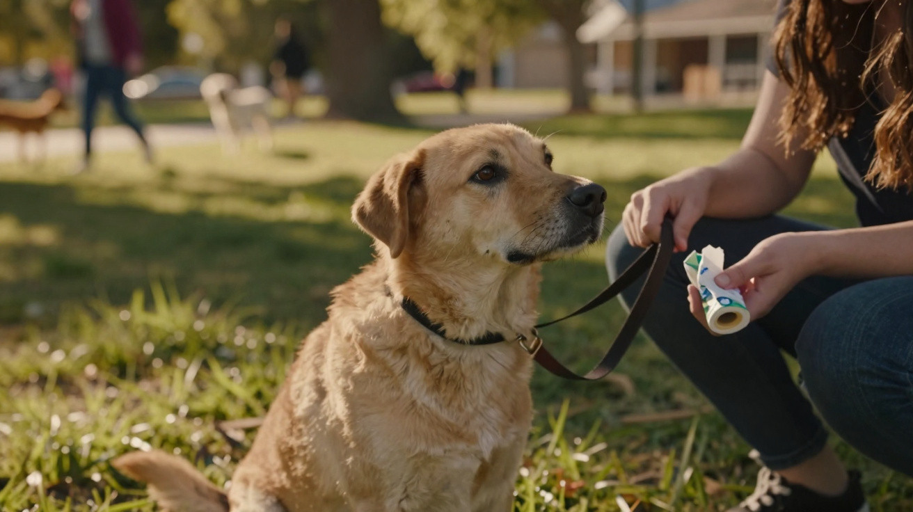 Cão castanho sentado na relva com trela, junto a uma pessoa que segura sacos para dejetos caninos.