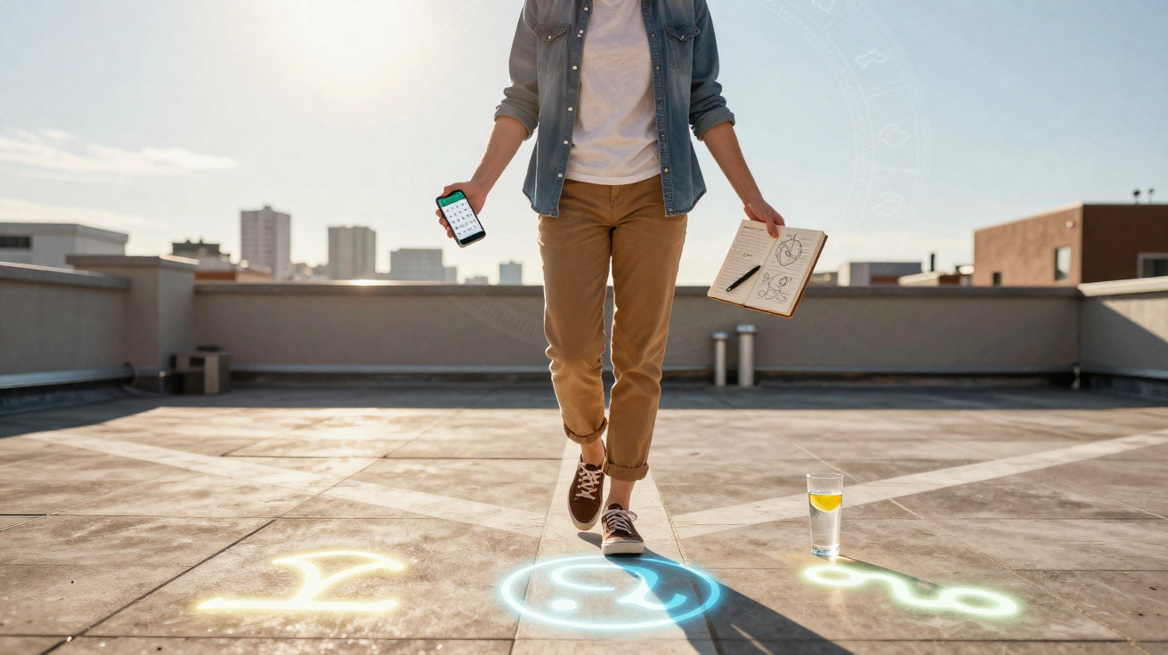 Pessoa a pisar símbolos zodiacais digitais num terraço, segurando smartphone e caderno aberto com desenhos.