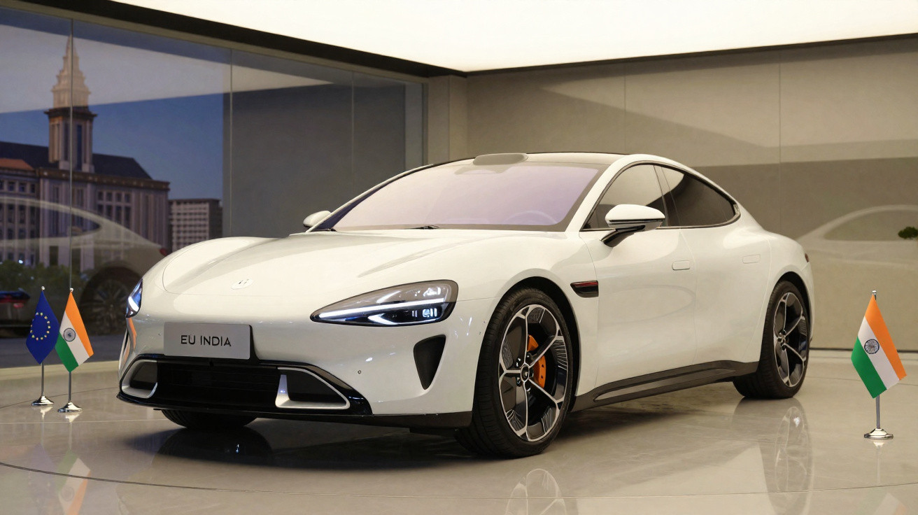 Carro elétrico branco exposto, com bandeiras da Índia e da União Europeia ao lado, em ambiente interior moderno.