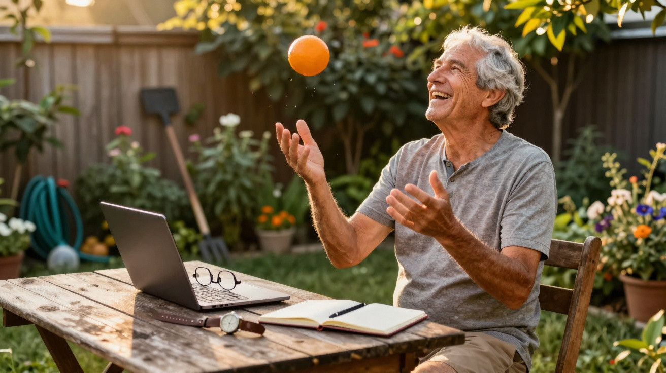 Homem sénior sorridente a jogar com uma laranja no jardim, sentado numa mesa com portátil e caderno.