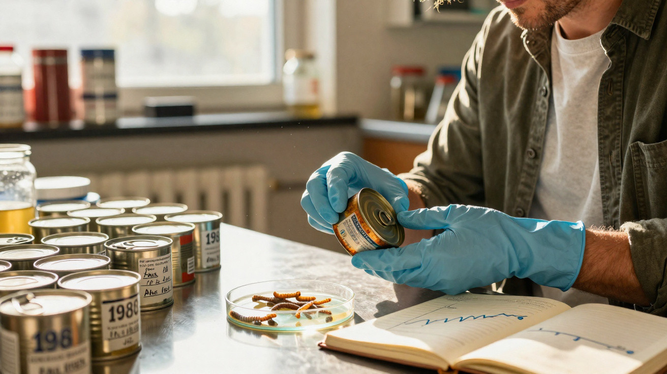 Pessoa com luvas azuis a abrir lata, com larvas numa placa de Petri e várias latas na mesa.
