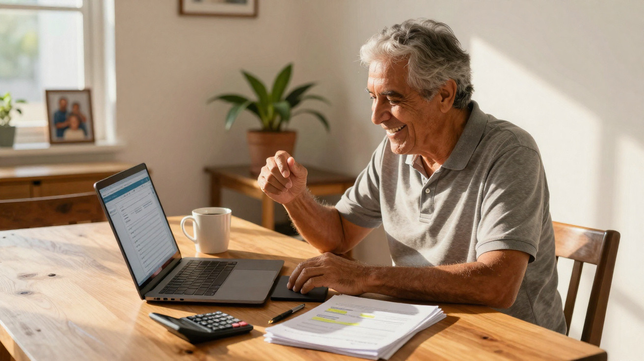 Homem sénior sorridente sentado à mesa a usar computador portátil com documentos e calculadora.