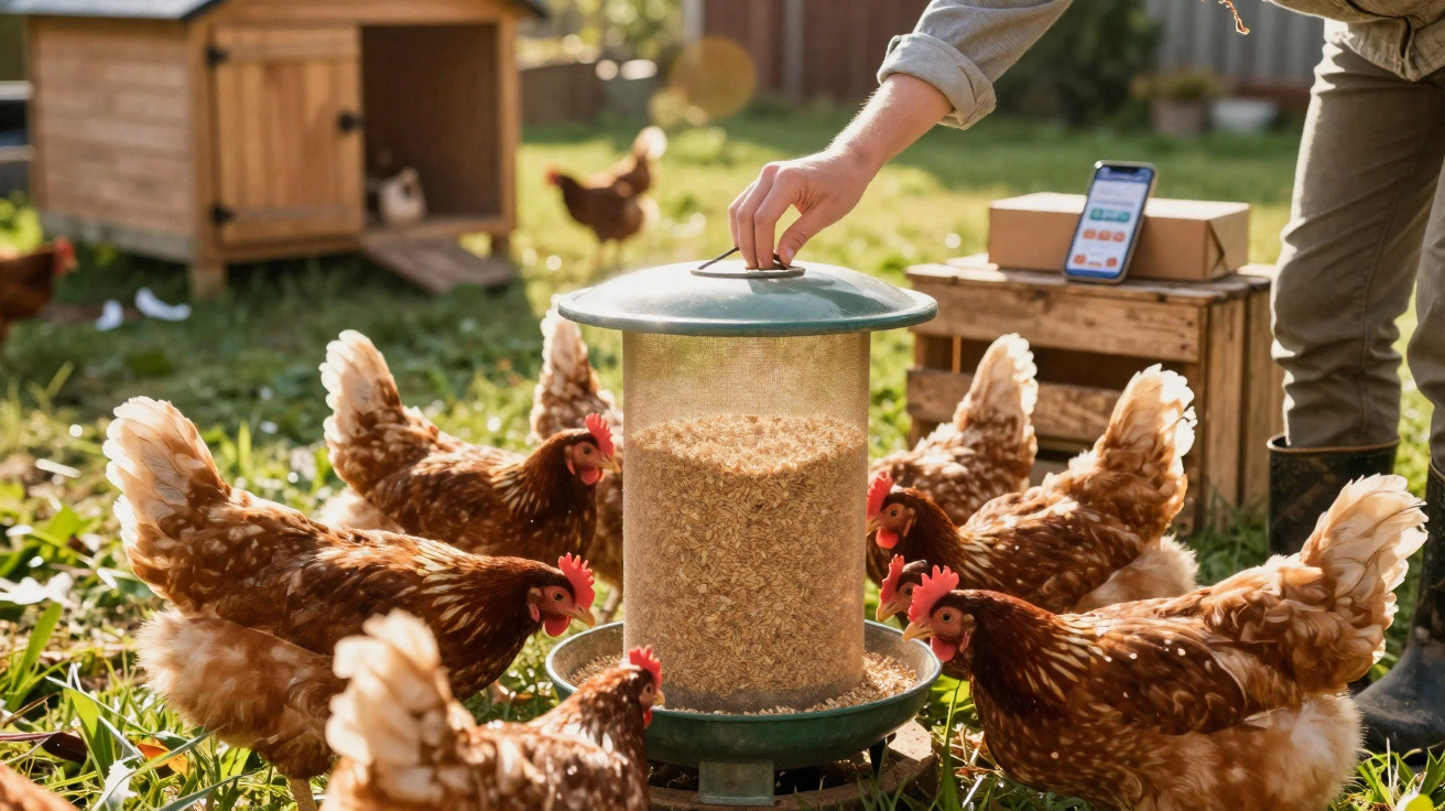 Galinha a comer numa área exterior com dispensador de alimento e pessoa a colocar tampa no comedouro.