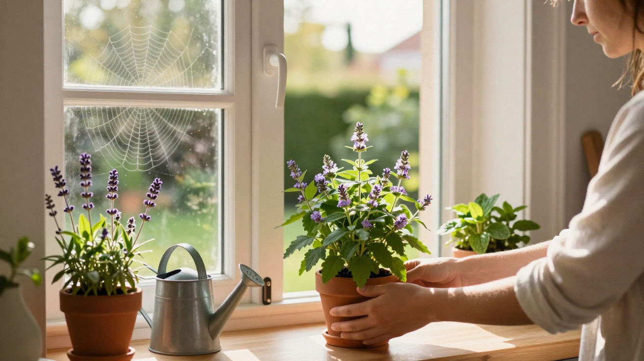 Mulher a cuidar de plantas em vasos junto a uma janela com teia de aranha visível ao fundo.