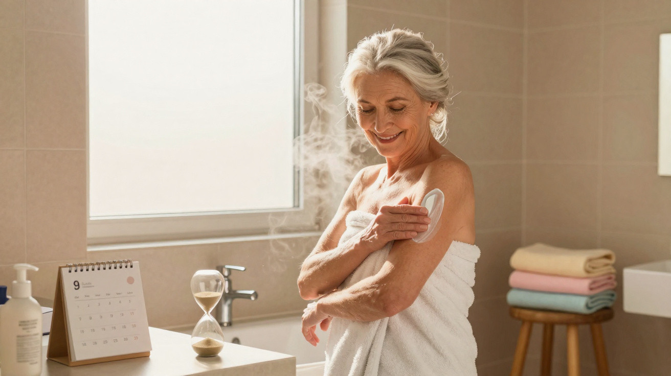 Mulher idosa com toalha a aplicar creme no braço numa casa de banho iluminada naturalmente.