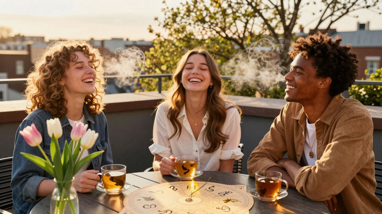 Três amigos sentados numa esplanada, sorrindo e a beber chá junto a um tabuleiro de jogo astrológico.