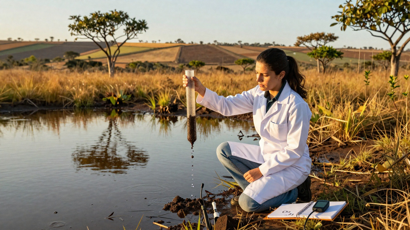 Mulher em bata branca recolhe amostra de solo junto a lagoa num campo aberto ao entardecer.