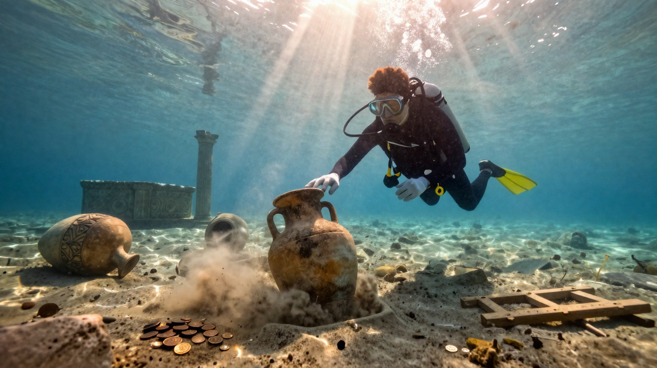 Mergulhador explora um tesouro submerso com ânforas e moedas antigas no fundo do mar iluminado pelo sol.