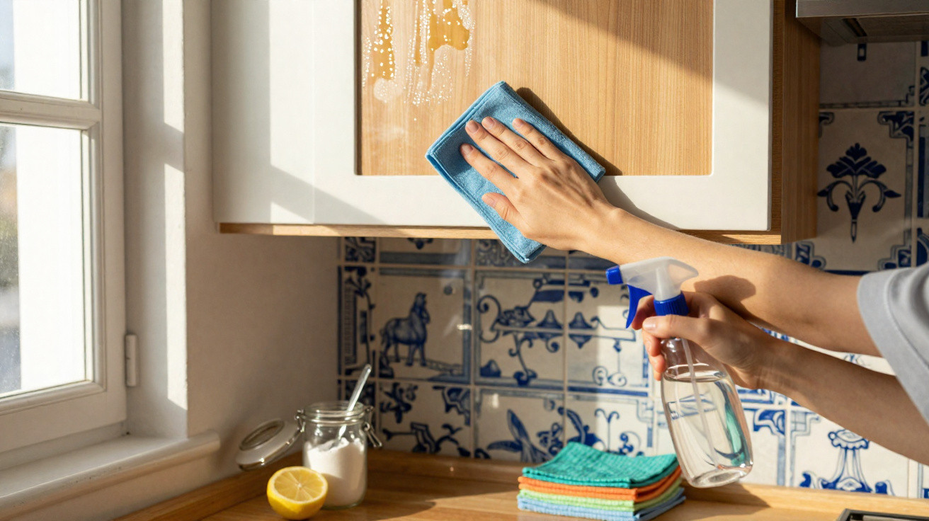 Mãos a limpar armário de cozinha com pano azul e pulverizador de limpeza, perto de janela e azulejos azuis.