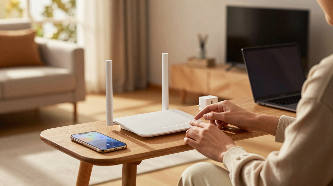 Pessoa a configurar router branco sobre mesa de madeira com smartphone e portátil num ambiente caseiro.