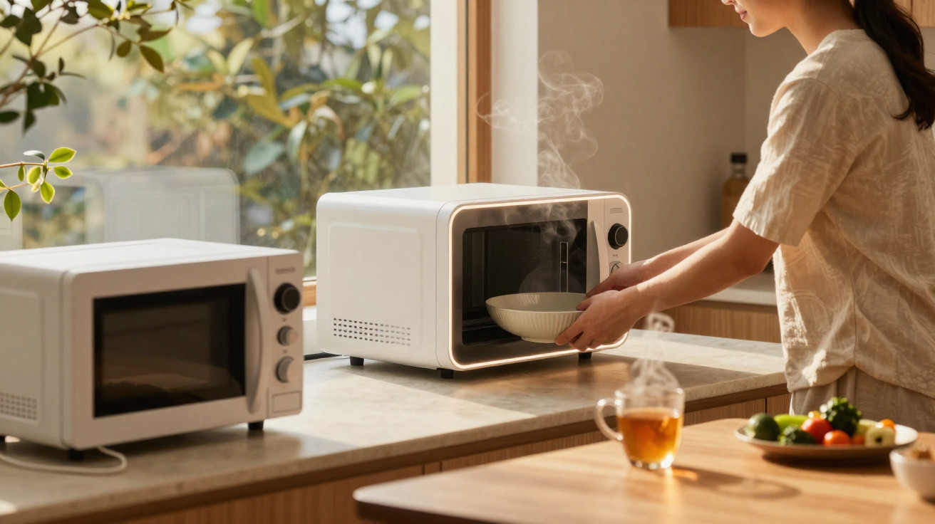 Mulher a retirar tigela quente de micro-ondas numa cozinha luminosa com janela e chá na mesa.