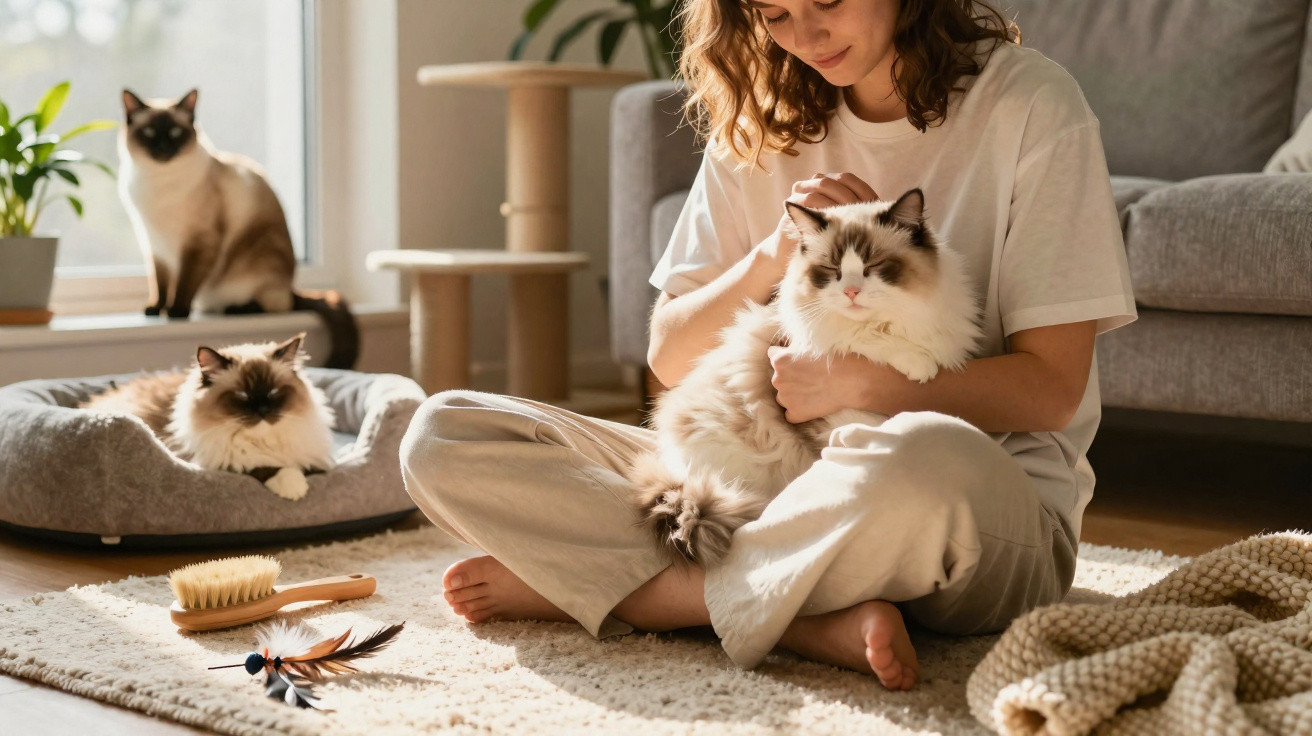 Mulher sentada no chão a acariciar gato, com outros dois gatos num ambiente acolhedor e luminoso.