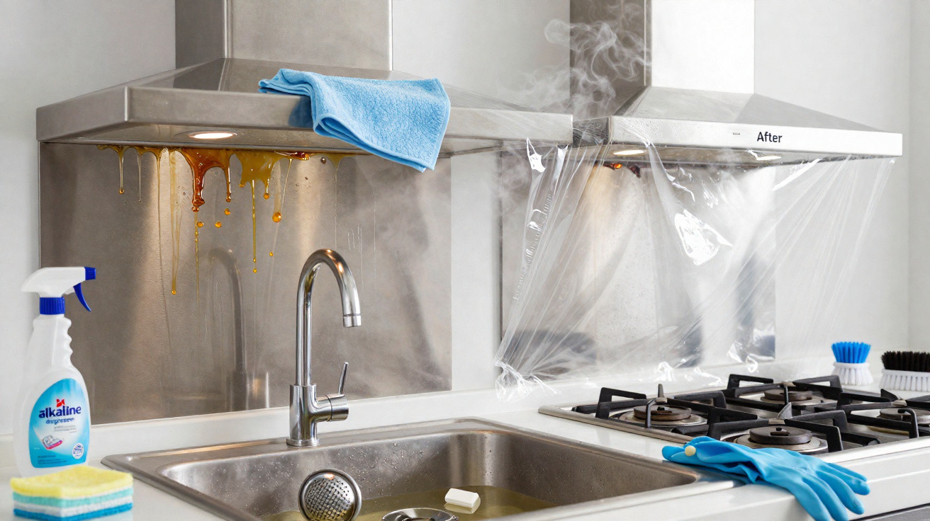 Exaustor de cozinha comparado entre sujo e limpo, com produto de limpeza e utensílios ao lado da pia.