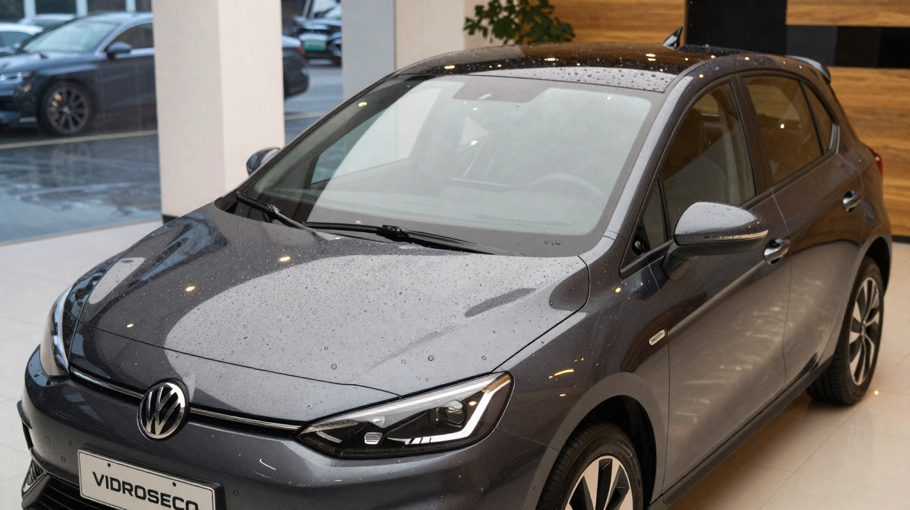 Carro Volkswagen cinzento escuro parado em espaço interior com gotas de água na carroçaria.