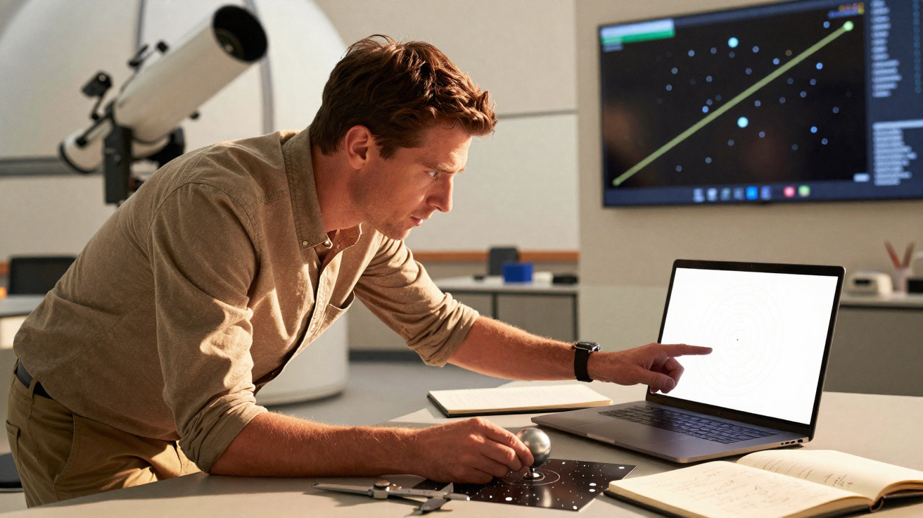 Homem em ambiente de astronomia aponta para ecrã de portátil com gráficos astronómicos.