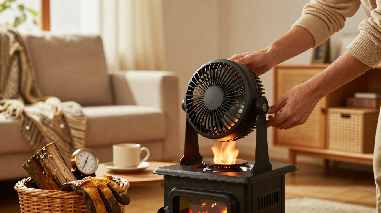 Pessoa ajusta ventilador em lareira a lenha numa sala acolhedora com sofá e cesta de lenha.