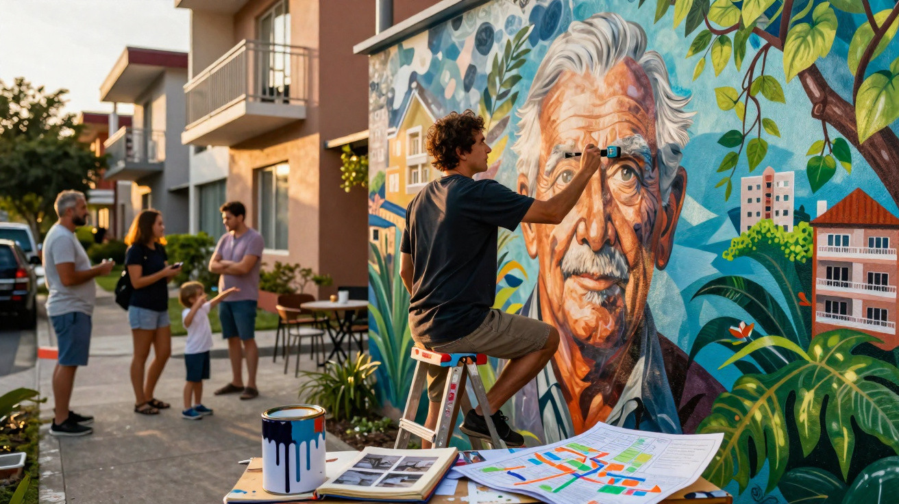 Artista pinta um mural colorido de um homem idoso numa parede exterior, com pessoas a observar ao fundo.