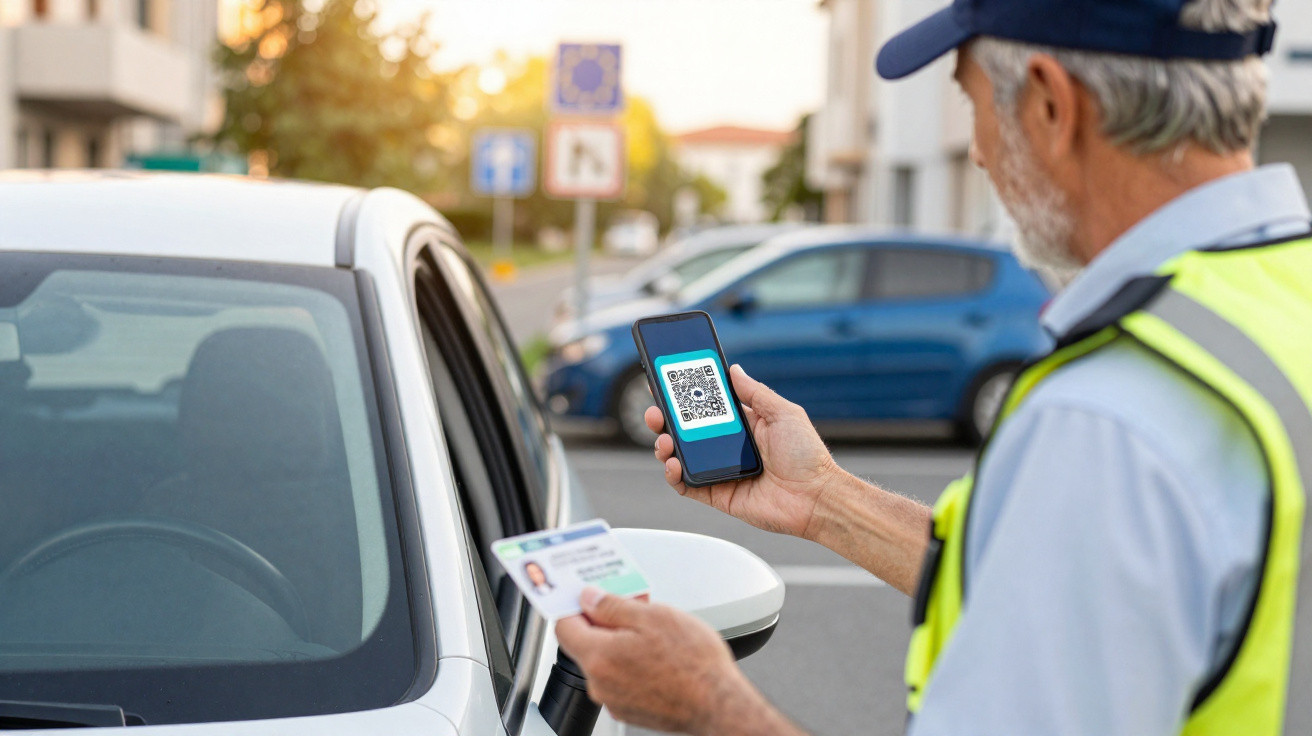 Agente de trânsito verifica carta de condução e código QR no telemóvel de condutor num carro branco.