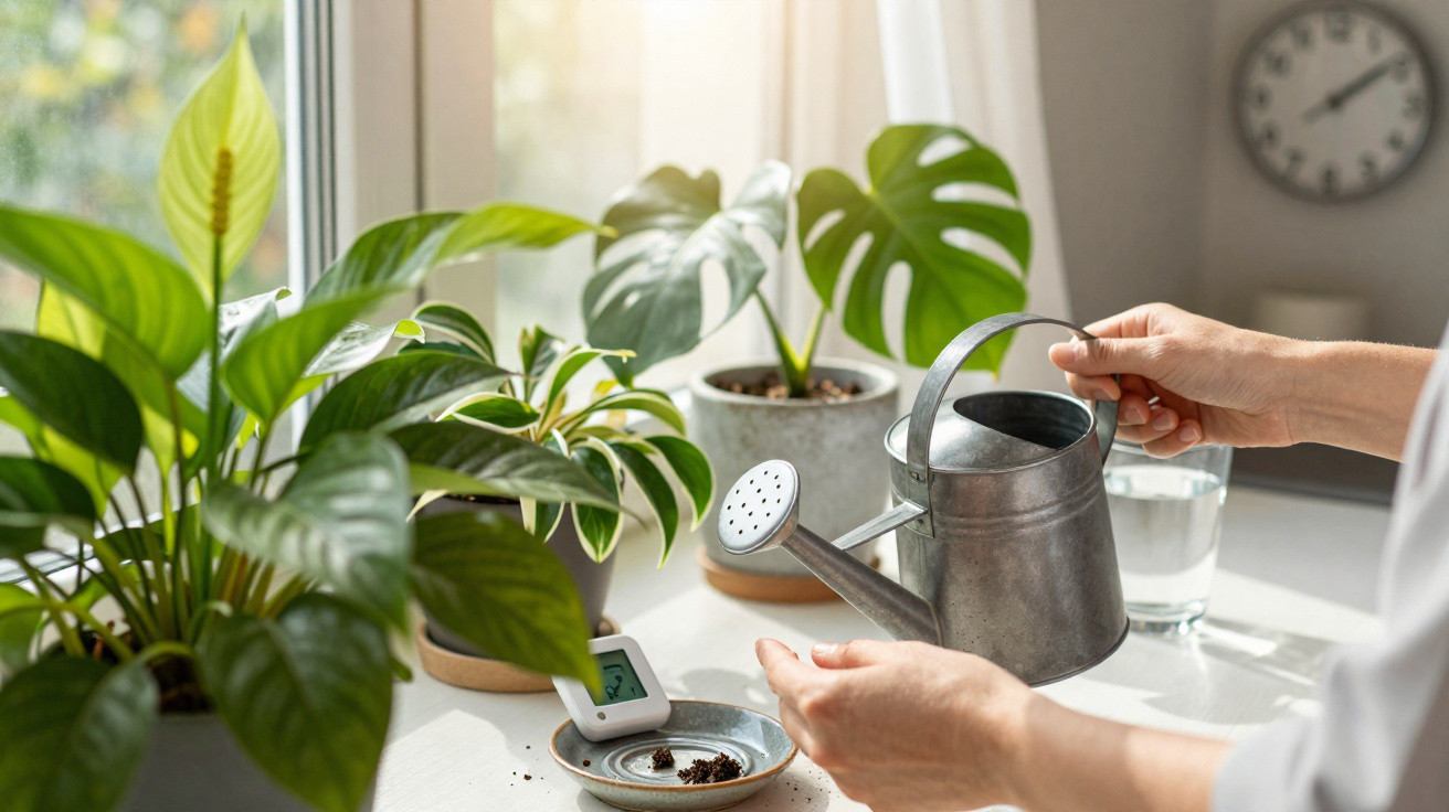 Pessoa a regar plantas verdes em vasos junto a uma janela luminosa num ambiente interior.