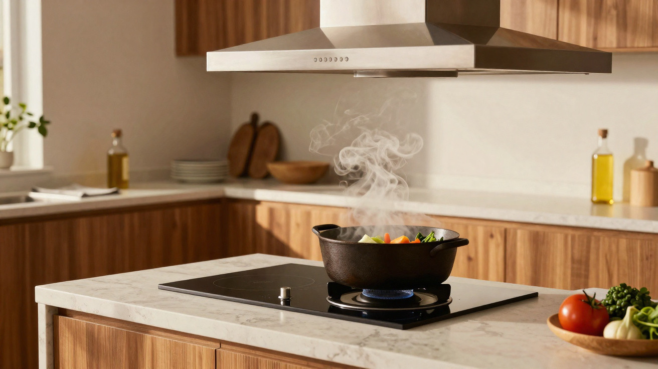 Panela a cozinhar legumes numa placa de fogão numa cozinha moderna com armários de madeira.
