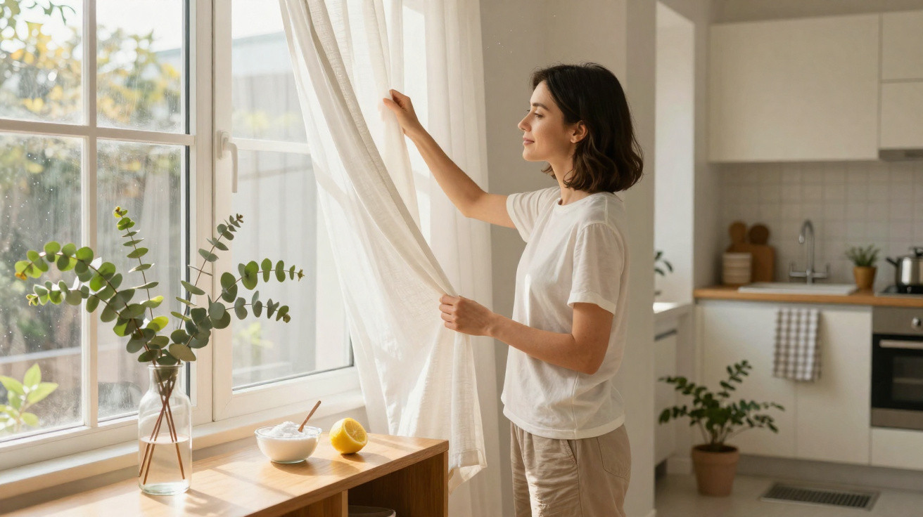 Mulher a abrir cortinas numa cozinha luminosa e moderna com plantas e frutas na mesa.