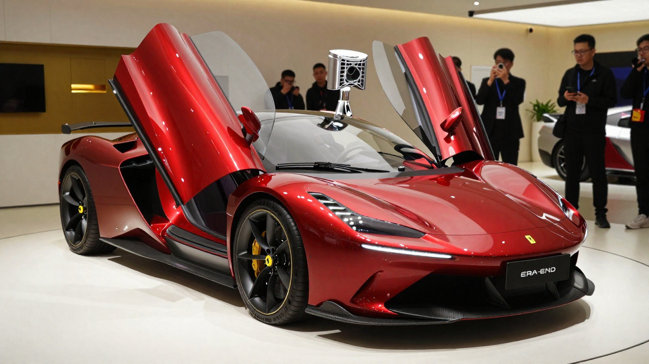 Carro desportivo vermelho com portas abertas em exposição rodeado por pessoas numa sala moderna.