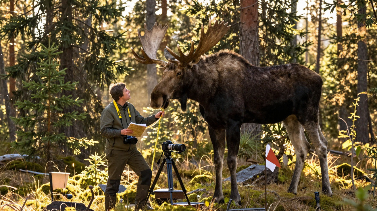 Homem com equipamento fotográfico interage com um alce adulto numa floresta iluminada pelo sol.