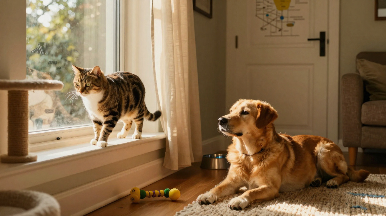 Gato em parapeito da janela e cão dourado deitado no chão numa sala iluminada pelo sol.