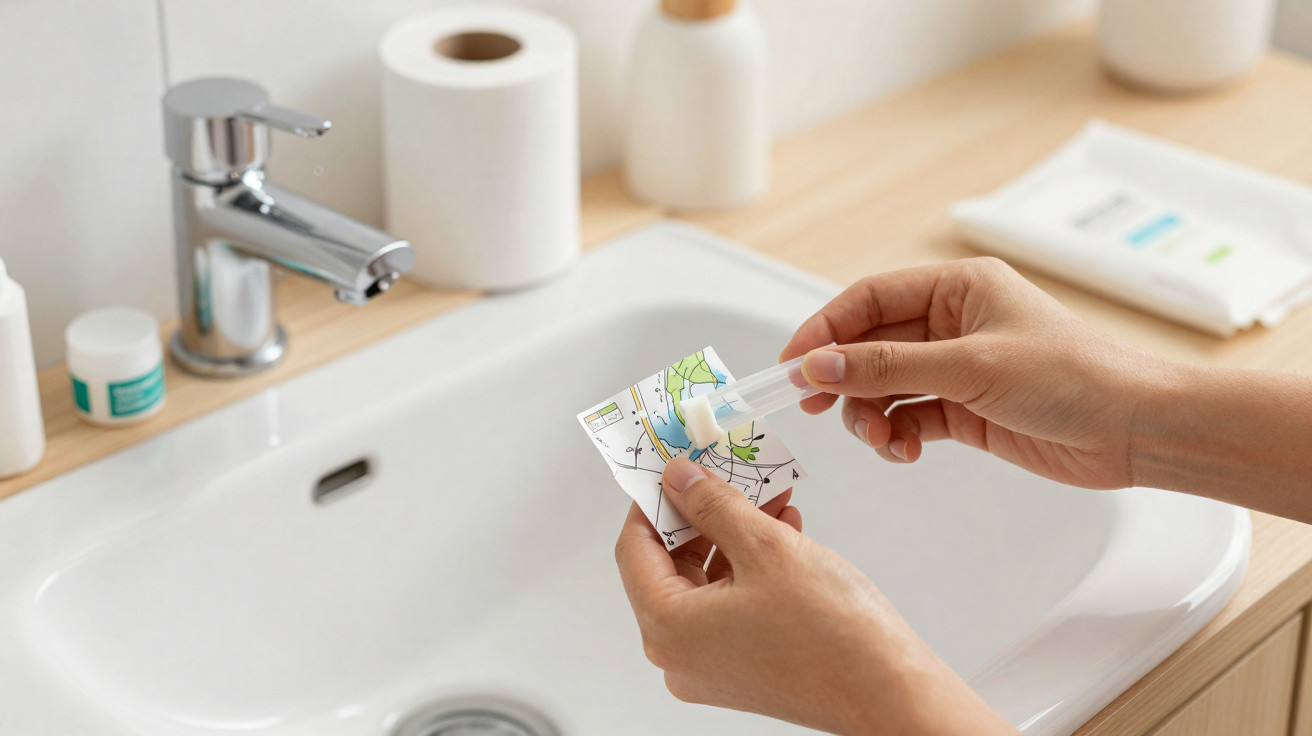 Mãos a utilizar um cotonete para aplicar medicação numa ferida pequena mostrada num papel junto a uma pia de casa de banho.