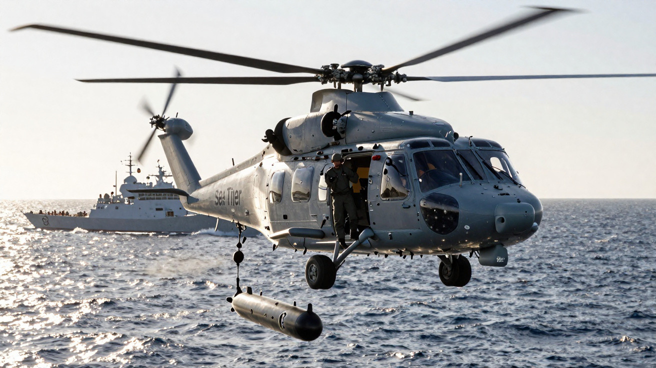 Helicóptero militar em voo sobre o mar com um navio de guerra ao fundo e equipamento pendurado.