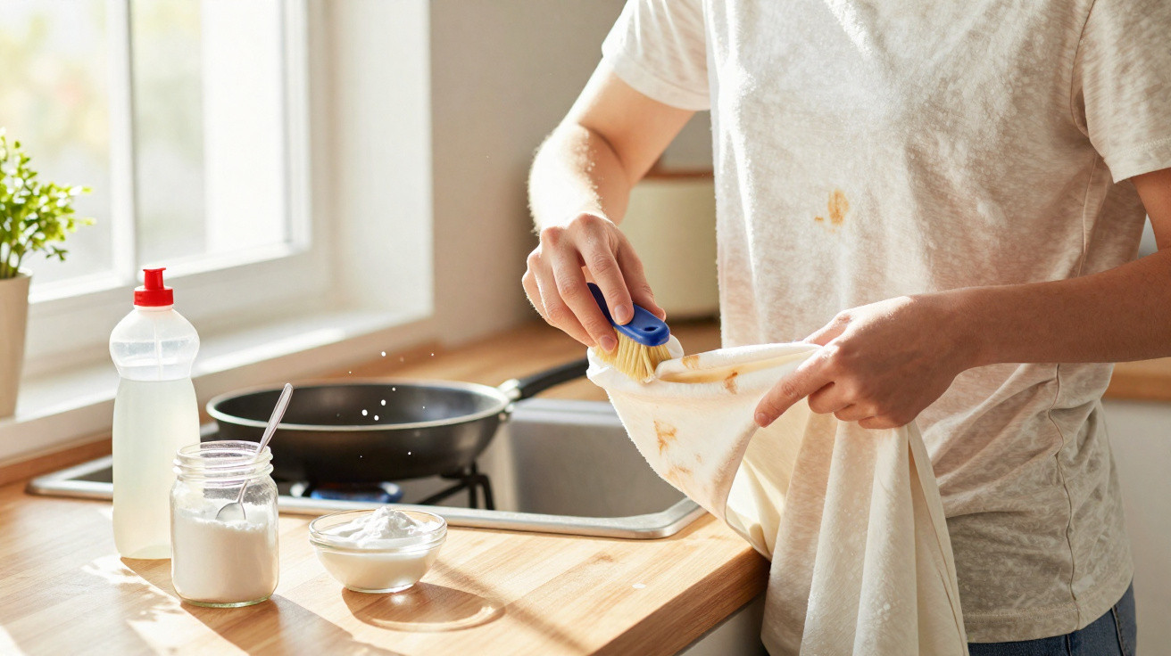 Pessoa a limpar um pano de cozinha manchado com uma escova ao lado da pia e produtos de limpeza.
