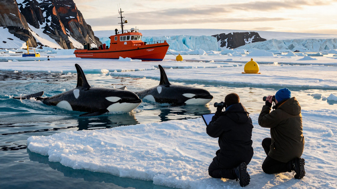 Duas pessoas fotografam orcas junto a um barco laranja em águas geladas com blocos de gelo e icebergues ao fundo.