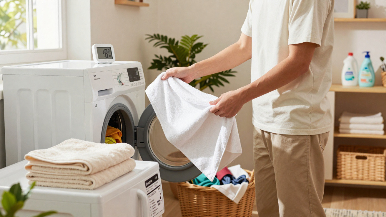 Pessoa a retirar roupa da máquina de lavar roupa num ambiente doméstico organizado.